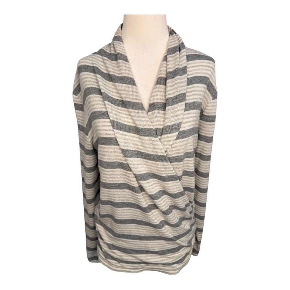 LOFT Petite Small Gray Striped Faux‎ Wrap Sweater Long Sleeve V-Neck